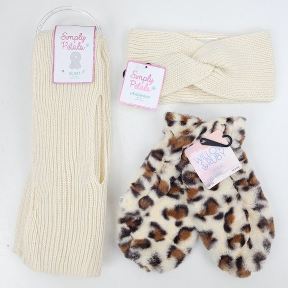 Simply Petals Accessories - New Lot Womens Willow & Ruby Leopard Mittens + Simply Petals Scarf & Headwrap